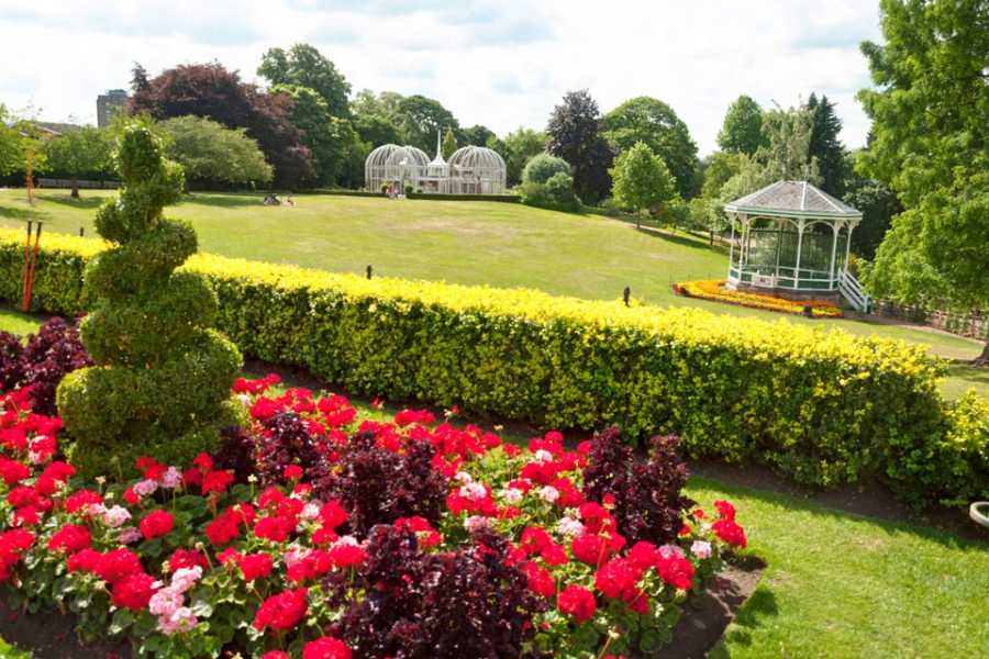 Fresh flowers and trees lining the gardens